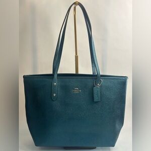 Coach Mini City Zip Tote Teal Metallic Crossgrain Leather - EUC with COA